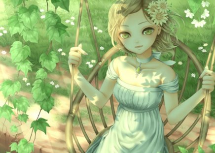 Swing - hot, magic, anime girl, field, exquisite, blonde hair, grass, lady, adorable, leave, divine, floral, beautiful, leaves, sweet, dress, beauty, woman, women, female, leaf, angelic, gorgeous, pretty, swing, green, anime, amour, cute, short hair, maiden, yellow eyes, love, girl, magical, gown, lovely, precious, kawaii, sublime, blossom, flowers, adore, flower, blonde