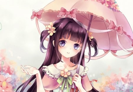 CuteBrella - hot, magic, anime girl, exquisite, umbrella, ribbon, lady, adorable, long hair, divine, floral, beautiful, sweet, dress, woman, women, beauty, female, brown hair, angelic, gorgeous, pretty, anime, amour, purple eyes, cute, maiden, love, girl, magical, gown, lovely, kawaii, precious, sublime, blossom, flowers, adore, flower