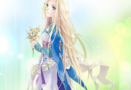 Maiden - pretty, magic, female, blossom, maiden, sublime, flowers, exquisite, blue eyes, women, gown, hot, beauty, love, flower, bouquet, lady, cute, floral, anime, divine, kawaii, dress, blonde, amour, long hair, adore, magical, precious, gorgeous, anime girl, beautiful, girl, blonde hair, lovely, sweet, woman, angelic, adorable