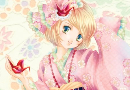 Sakura Crane - hot, magic, anime girl, exquisite, blonde hair, origami, lady, adorable, crane, divine, floral, beautiful, sweet, paper crane, woman, women, beauty, female, angelic, gorgeous, pretty, anime, amour, cute, short hair, maiden, love, girl, magical, lovely, precious, kawaii, sublime, blossom, flowers, green hair, adore, blonde, flower