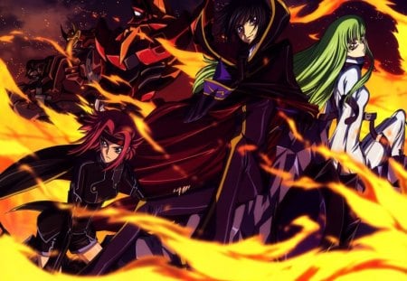 Feasr 3!!! :) - girls, cc and kallen stadtfeld, long hair, darkanime, darkness, code geass, red hair, black hair, fire, cool, boy, green hair, short hair, lelouch lamperoug