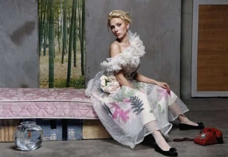 Scarlet Johansson - flower, black, model, actress, girl, johansson, blonde hair, phone, aquarium, tree, woman, red, pink, beauty, dress, scarlett, fish