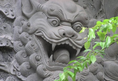 Stone Dragon - stone, china, branch, monument, japanese, asian, nature, creature, dragon, green, animal