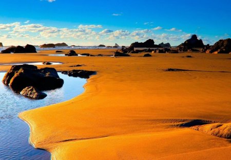 beautiful vast rocky ocean beach - poll, clouds, beach, rocks