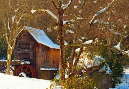 A mill in winter - pretty, branches, winter, water, beautiful, mill, creek, snow, forest, lovely, river, nature, water mill, cold, nice