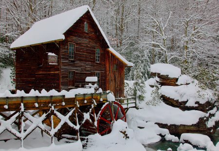 Grist mill- West Virginia - nice, trees, grist mill, cold, america, frozen, snowy, water mill, ice, winter, snowflakes, mill, lovely, west virginia, nature, forest, snow, beautiful, frost