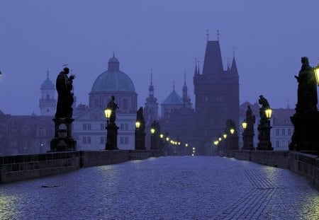 late night bridge in prague - city, night, statues, bridge, lights