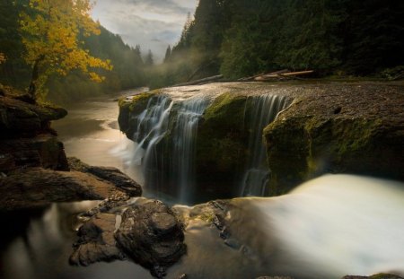 Beautiful Waterfalls - trees, waterfalls, water, yellow, brown, falls, rock, forest, daylight, mountain, river, nature, autumn, day, sky