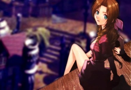 Pensive Aerith - aerith, town, final fantasy, video games, watching, above