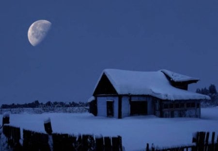 Winter Scene - moon, sky, snow, winter, cabin