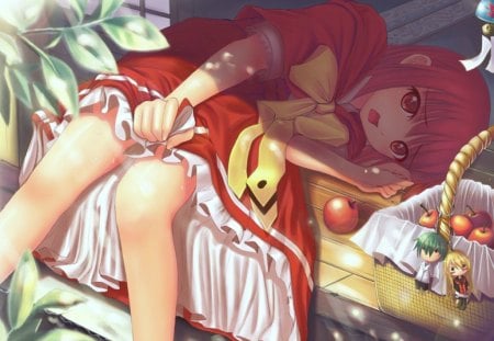 anime girl - pot, manga, anime, apples, red dress, girl