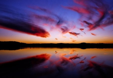 sky reflections - reflections, sky, lake, clouds, dusk