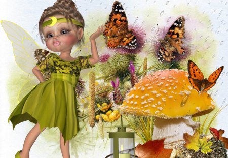 Moon Fairy - moon, mushroom, autumn, fairy, buttefly