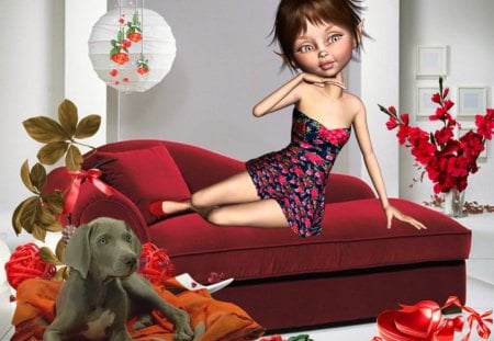 Red Feeling - heart, lady, red, girl, dog, love, flower