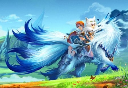 Wild Rider - beauty, fur, sky, female, wings, anime girl, field, fantasy, view, beast, cloud, anime, cute, grass, scene, male, scenic, girl, magical, butterfly, wing, beautiful, boy, animal, scenery