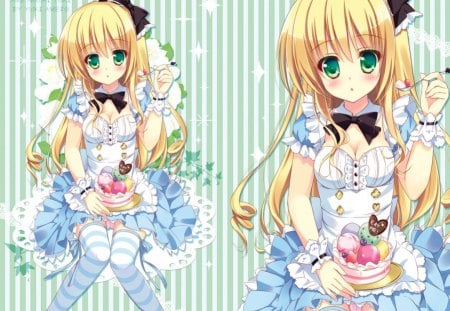 ~Eat Me~ - sweets, fantasy, alice, green eyes, wonderland, blonde hair, blue dress, anime, black bows