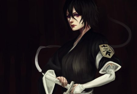 Kuchiki Rukia - dark background, anime, female, rukia kuchiki, girl, sword, shinigami, pink eyes, black background, bleach, rukia, katana, kuchiki rukia, weapon, lone