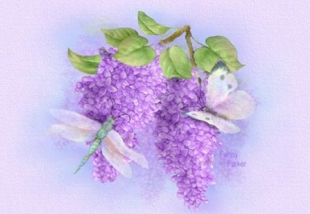 WINGED DELIGHTS - butterfly, pretty, lilacs, dragonfly