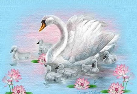 SWANS - ART, POND, FLOWERS, SWANS