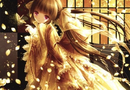 Golden Tinkle - hot, magic, wings, anime girl, elegant, wind, petals, origami, ribbon, kimono, golden, sexy, long hair, crane, butterfly, floral, sweet, paper crane, dress, nice, beauty, female, twintail, fantasy, brown hair, red eyes, windy, gorgeous, pretty, anime, cute, girl, magical, gown, lovely, gold, wing, sublime, blossom, breeze, flower