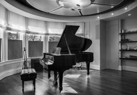 Music Room - piano, house, ebony, photography, room, interior, music, guitar, black, white