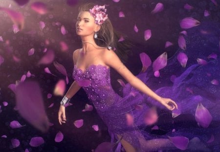 Fantasy girl - abstract, fantasy, purple, dress, girl, petals