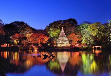 Beautiful reflection - lights, water, reflection, cottage, trees