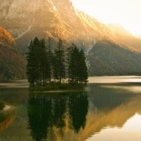 sunrise on an island lake