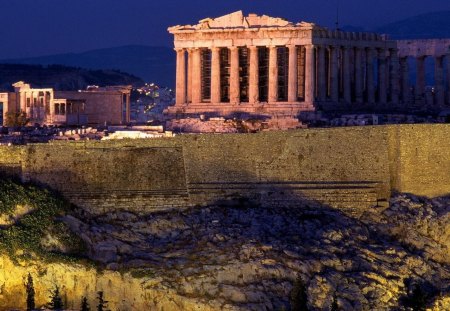 the wonderful acropolis in athens - ancient, lights, mountain, wall, ruins