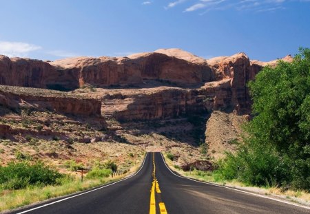 the end of the road - cliff, road, desert, tree, blacktop