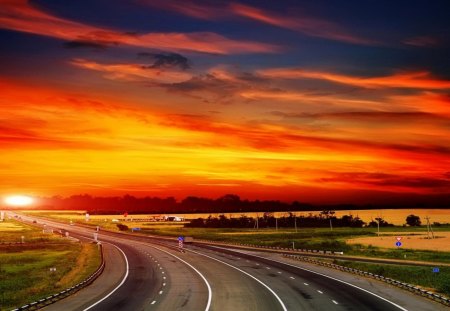 the highway to sunset - highway, sky, sunset, clouds