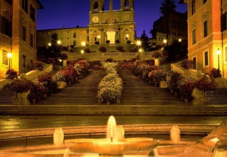 trinita dei monti church in rome - fountain, lights, night, church, steps