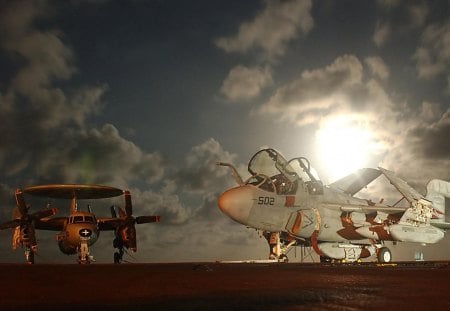 planes parked on an aircraft carrier - aircraft carrier, clouds, planes, sun