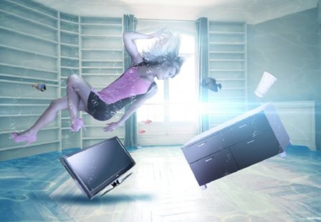 Underwater lifestyle - high heels, shelves, desk, bubbles, window, blonde, television, photography, underwater, fishes