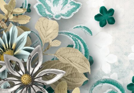 Flowers Abstract - aqua, collage, cyan, abstract, bisque, fleurs, floral, tan, leaves, paper, flowers