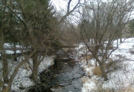 Beyond the Bridge - winter, water, trees, snow