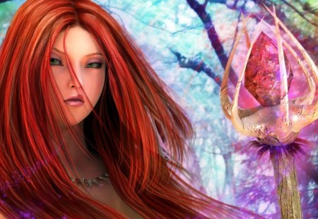 Sorceress - pink, beauty, game, girl, eyes, blue, red hair, fighter, fantasy, magic, stone, sorceress, woman