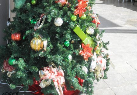 Christmas tree in Granada - red, green, photography, gold, ornament, tree