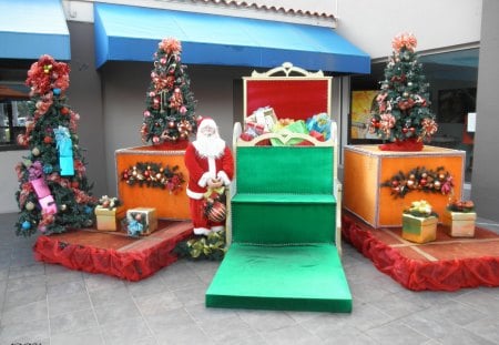 Santa arrived in Granada Island - trees, red, green, photography, boxes, ornament, Santa