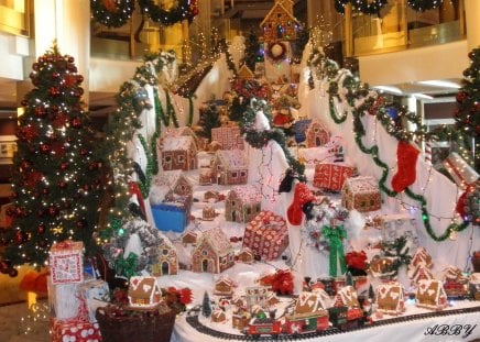 Christmas display on cruise ship - white, train, ginger bread, ornament, red, photography, tree