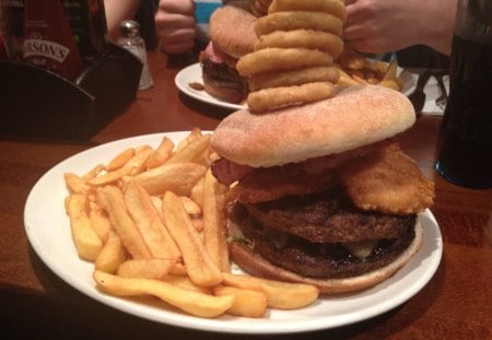 2 1lb burgers, 2 chicken breasts, cheddar cheese, onions and bacon in a bun - yummy, abstract, foods, burgers