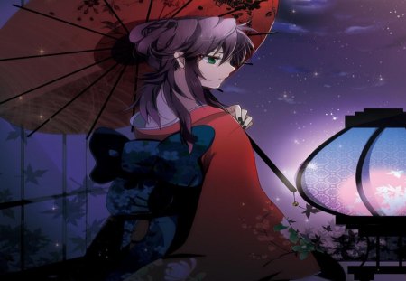 Kurama - umbrella, girl, orginal, kimono, night, art, lantern