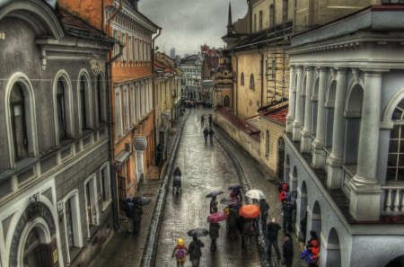 rain on street in old vienna austria hdr - street, people, hdr, cobblestone, buildings