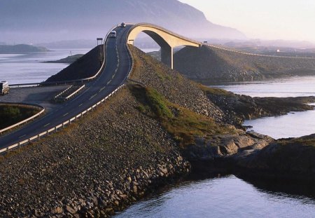 camel back bridge in norway - mist, road, mountains, bridge, seacoast