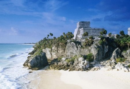 maya ruins on a beach in cancun mexico - hill, beach, ancient, ruins, sea