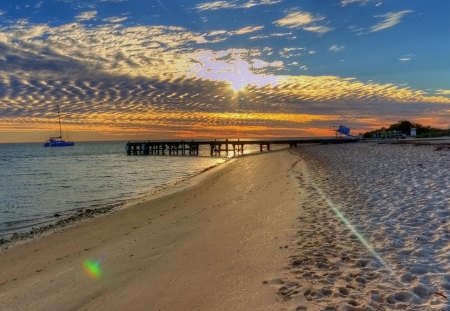 dock on beautiful monkey mia beach australia - beach, clouds, dock, sunset, boat