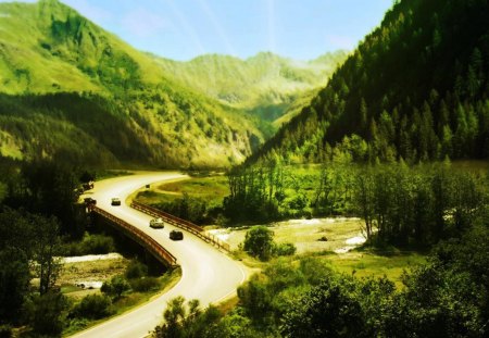 beyond the mountains - valley, river, highway, mountains, bridge