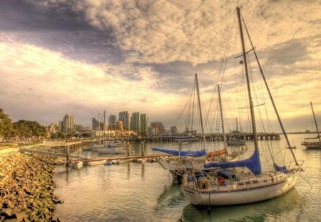 sailboats at coastal pier in san diego hdr - boats, coast, hdr, city, pier