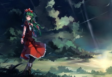 Into The Sunset - anime, female, kaguyama hina, landscape, green hair, stars, sunset, touhou, distance, sky