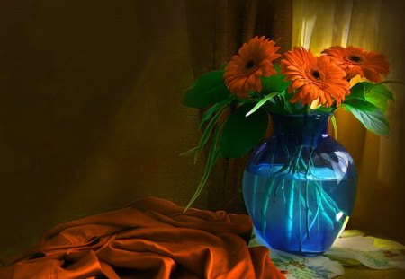 Orange gerberas - orange, still life, blue vase, gerberas